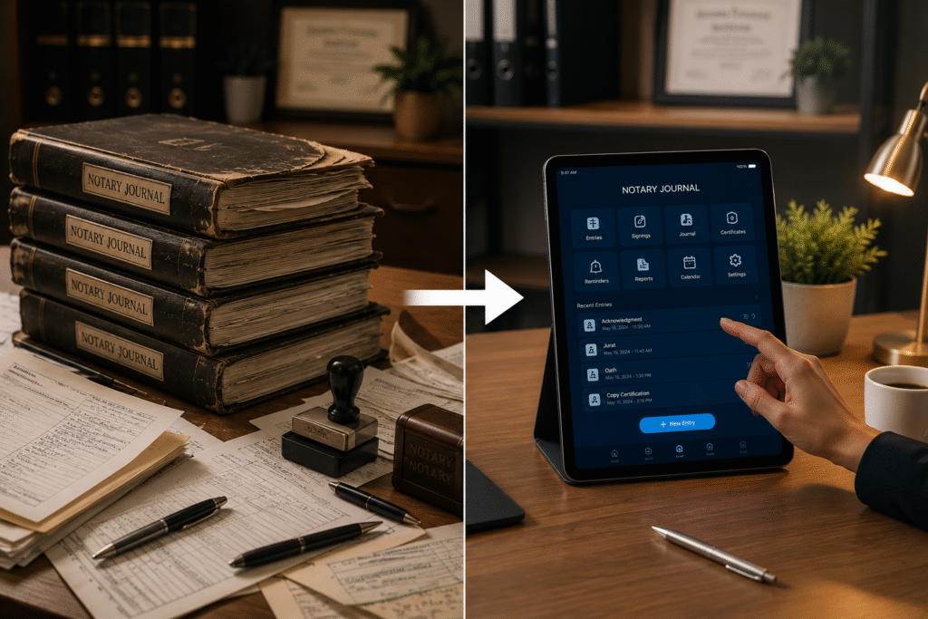 Mobile notary securely storing records using a digital notary journal app