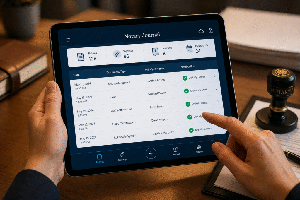 Beginner notary using an affordable digital notary journal app on a smartphone