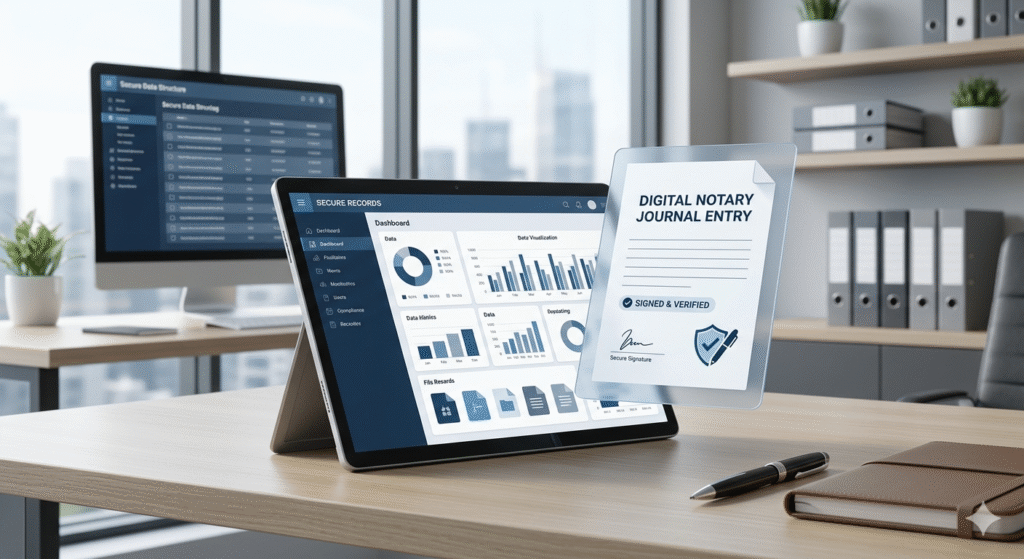 Mobile notary using a digital notary journal app for secure record keeping and compliance