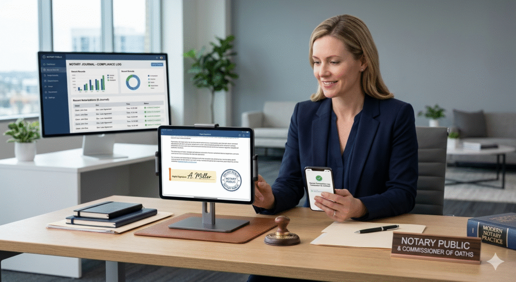 Mobile notary using a digital notary journal app for secure electronic record keeping